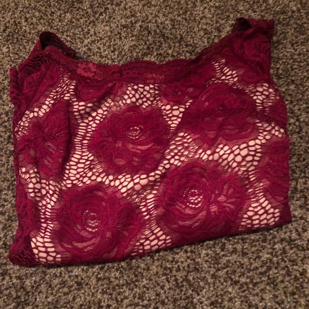 Burgundy KIMCINE ROSE HOLLOW OUT OFF SHOULDER TOP - Picture 5 of 6